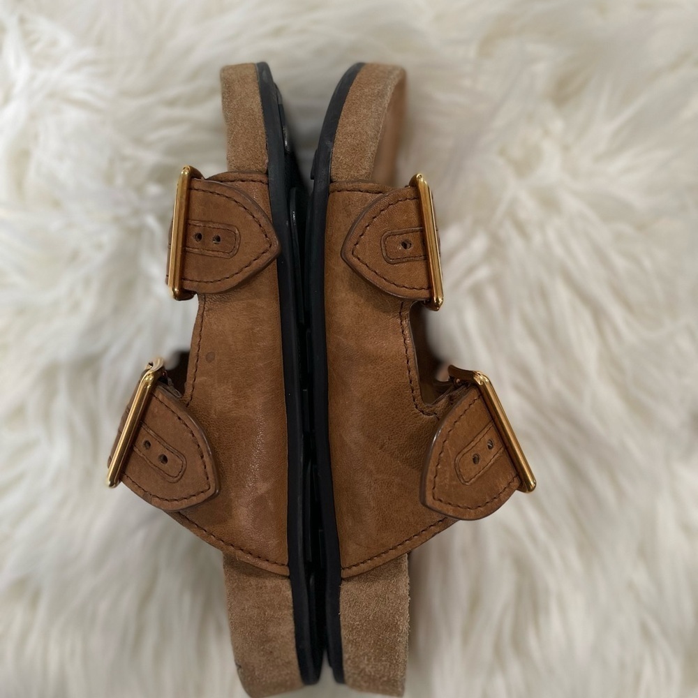 Ecru Suede Double Buckle Slide Sandal - Picture 2 of 14